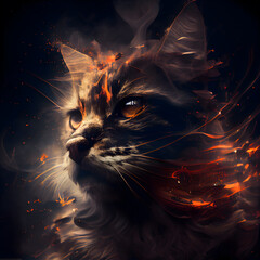 Fantasy portrait of a cat with fire effect. Digital painting.