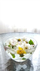 Yellow dandelions, white blooming flowers, green leaves floating in a bowl of water on a sunny glass table
