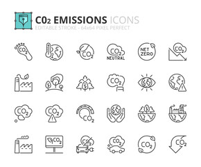 Simple set of outline icons about co2 emissions