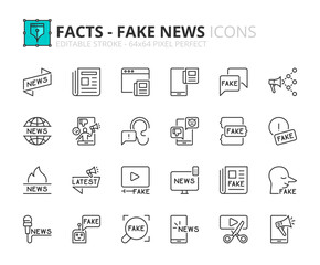 Simple set of outline icons about facts and fake news.