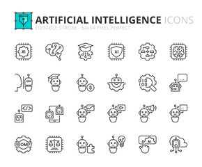 Simple set of outline icons about artificial intelligence