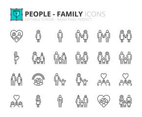 Simple set of outline icons about people, types of family structures
