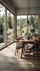 A dining room with a wooden table and chairs. AI generative. Norway house