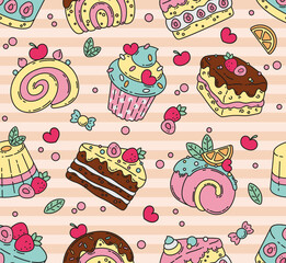 Seamless pattern with the funny cakes and pastries. Cake, muffin, cupcake, panna cotta, cookies, dessert, cream, chocolate, sweet, yummy, food, bakery, pastry. Vector illustration