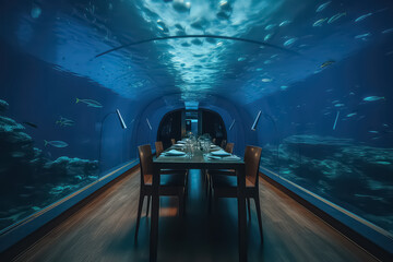 underwater restaurant interior in maldives , AI - obrazy, fototapety, plakaty
