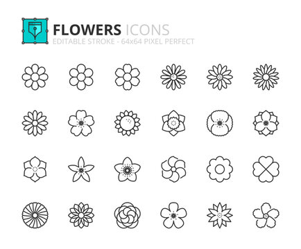 Line icons about flowers. Editable stroke Vector 64x64 pixel perfect