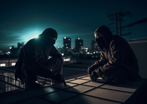 Silent two ninjas sitting at the rooftop at night. Generative AI.