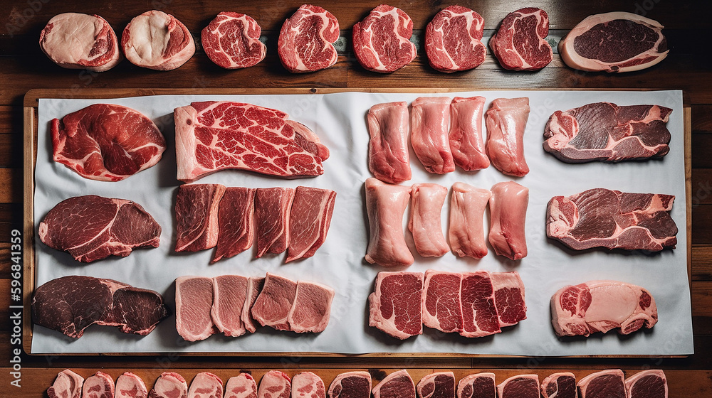 Wall mural Overhead view of meat on display at a butcher shop. generative AI