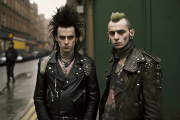 Two British punk rock men from the 1970s. Leather jacket, piercing, mohawk hair style and tough attitude on the street. generative AI