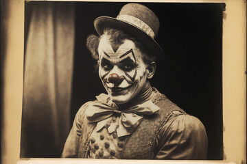 Vintage clown at a circus wearing makeup behind the tent. generative AI