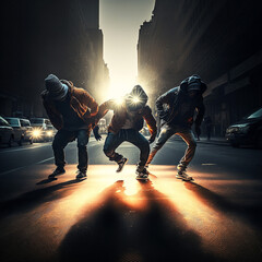 Three hip hop dancers on a city street - obrazy, fototapety, plakaty