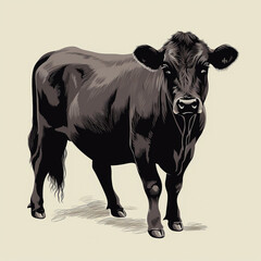 Illustration of a large Angus beef cow. Butcher shop logo. generative AI