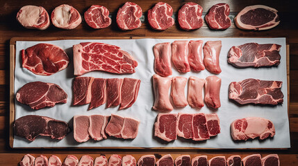 Overhead view of meat on display at a butcher shop. generative AI