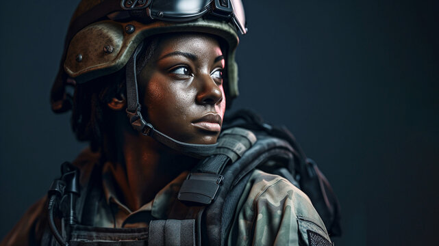 Young black woman wearing military uniform including camouflage fatigues and a helmet. She is ready for war to protect and serve her country. generative ai