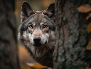Obraz premium Majestic Wolf Hiding Behind Tree in Dense Forest