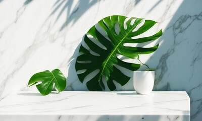 Minimal, modern white marble stone counter table, tropical monstera plant tree in sunlight (Generative AI) - obrazy, fototapety, plakaty