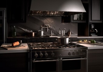 Modern minimal kitchen interior with stove. Generative AI.