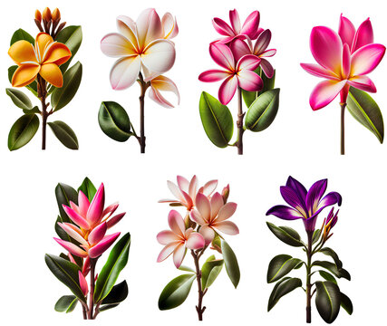 Group of 7 colorful illustrations of Plumeria tropical flowers. Isolated on transparent background. Created using Generative AI.