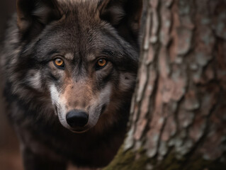 Obraz premium Majestic Wolf Hiding Behind Tree in Dense Forest