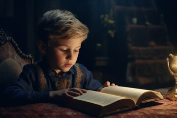 Fototapeta na wymiar Little boy reading book. Sits at table with dark background and warm lamp light, created with Generative AI Technology