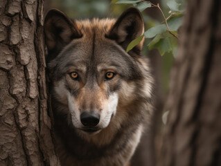 Majestic Wolf Hiding Behind Tree in Dense Forest