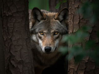Majestic Wolf Hiding Behind Tree in Dense Forest