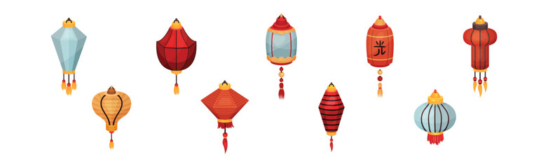 Chinese Lantern Made of Paper or Silk as Festive Luminaria Vector Set