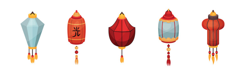 Chinese Lantern Made of Paper or Silk as Festive Luminaria Vector Set