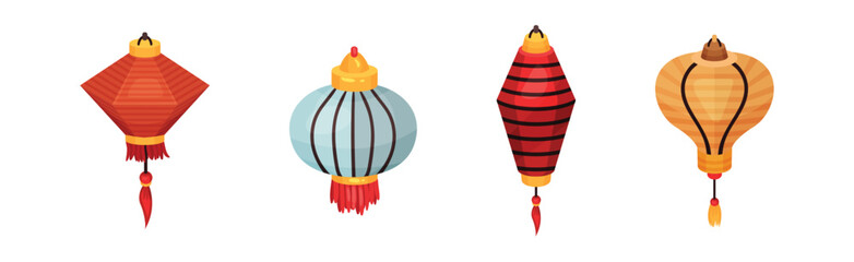 Chinese Lantern Made of Paper or Silk as Festive Luminaria Vector Set