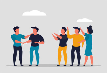 Hiring a new employee to the company. The team warmly welcomes the employee. Acquaintance of new personnel with the team and training in the team. Vector illustration
