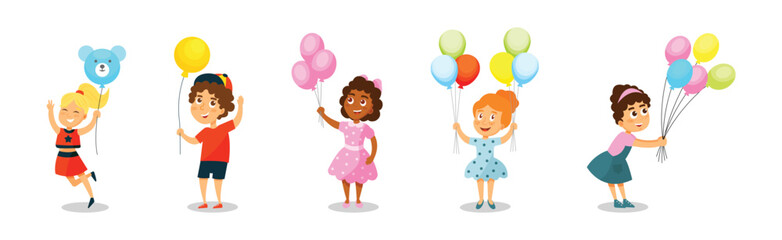 Kid Characters with Party Balloons Having Fun Vector Set