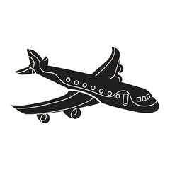 Airplane vector silhouette. Black and white illustration. Flat cartoon graphics. Traveling around the world art. 