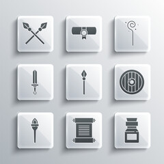 Set Decree, parchment, scroll, Poison in bottle, Round wooden shield, Medieval spear, Torch flame, sword, Crossed medieval spears and Magic staff icon. Vector