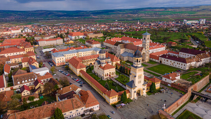 Obraz premium Alba Iulia, Romania. In the photography can be seen the Reunification Cathedral from above, shot from a drone with camera level for a panoramic view