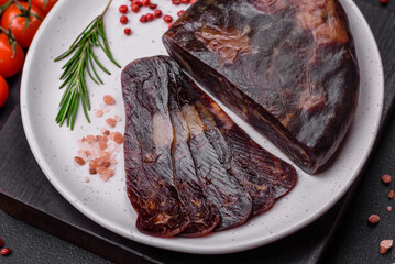 Delicious smoked or cured mahan horse meat sausage with spices and herbs