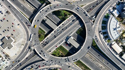 Aerial drone photo of multilevel ring circular junction of Kifisias Avenue, National motorway and Attiki odos crossing Attica prefecture, Marousi, Greece 