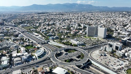 Fototapeta premium Aerial drone photo of multilevel circular ring road junction passing through urban city centre connecting National motorway and popular avenue