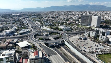 Aerial drone photo of multilevel ring circular junction of Kifisias Avenue, National motorway and Attiki odos crossing Attica prefecture, Marousi, Greece 