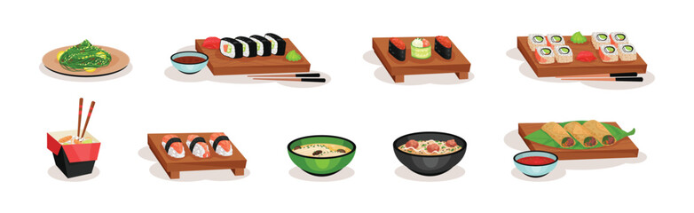 Chinese and Japanese Meal with Soup in Bowl, Laminaria and Sushi Vector Set