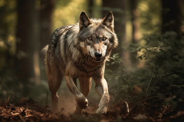 Naklejka na ściany i meble Predator in Motion: Wolf Hunting in a Sunlit Forest