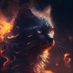 Portrait of a black cat on a background of fire. Digital painting.