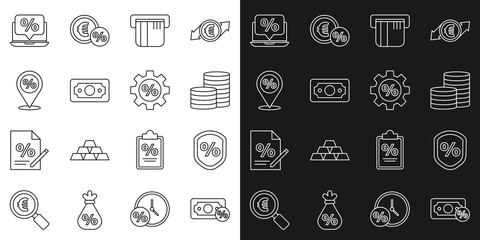 Set line Money percent, Loan, Coin money, Credit card, Stacks paper cash, Location with discount, Percent and laptop and Gear icon. Vector