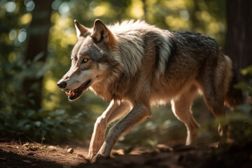 Fototapeta premium Predator in Motion: Wolf Hunting in a Sunlit Forest