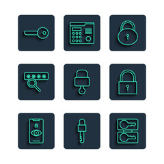 Set line Eye scan, Locked key, Casting keys, and, Password protection, Key and icon. Vector