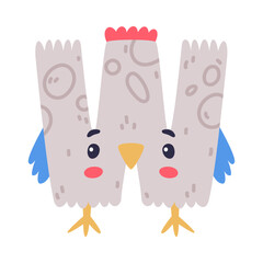 Bird alphabet W capital letter. Gray consonant letter with eyes, beak and wings cute cartoon vector illustration