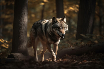 Predator in Motion: Wolf Hunting in a Sunlit Forest