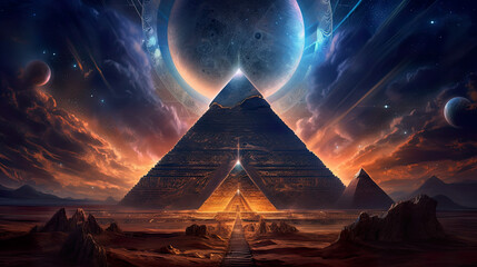 A pyramid in the middle of a desert with planets in the background. AI generative.