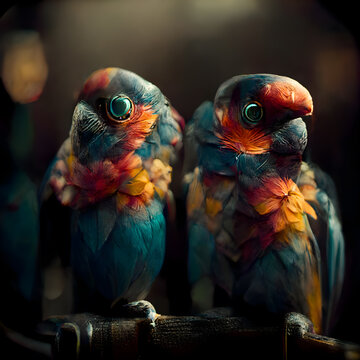 Colorful parrots sitting in a cage. Colorful parrots.