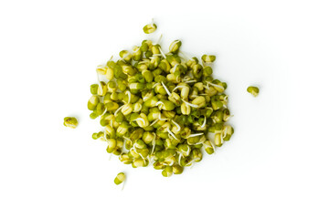 Mung beans with shoots close up. Heap of green gram seeds on white background. Sprouting of mung bean. Vigna radiata beans
