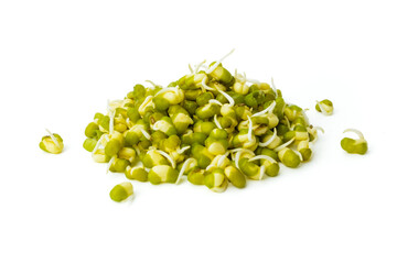 Mung beans with shoots close up. Heap of green gram seeds on white background. Sprouting of mung bean. Vigna radiata beans